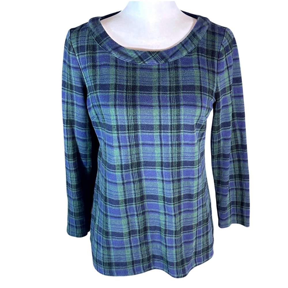 Talbots Knit Top Women MP Blue Green Blackwatch Plaid Long Sleeve Boat Neck
